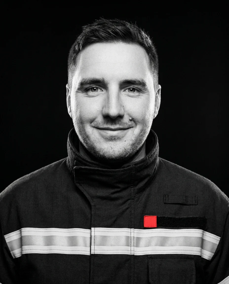 Daniel in a firefighter turnout jacket, smiling